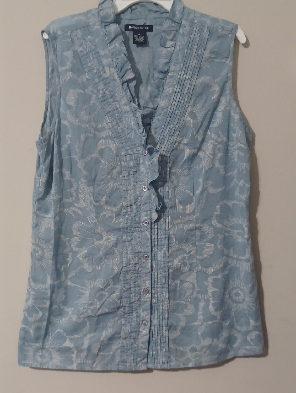Architect Blue Cotton Floral Ruffled Sleeveless Button-Front Top NWOT Size M